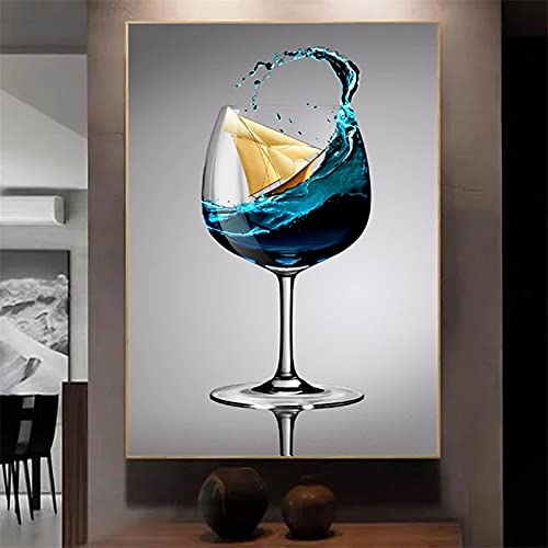 BIEMBI Stile nordico Bicchiere da vino blu Calice Quadro su tela Barca moderna Astratta Nordic Poster e stampe Arte della parete Decorazioni per la casa 40x60cm Senza cornice
