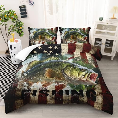 AILONEN Big Pike Fishing Comforter Set Queen Size, Bass Fish American Flag Pattern Bedding Set for Boys Teen,Hunting and Fishing Duvet Set,3 Pieces,1 Quilt and 2 Pillowcases,Soft Microfibre