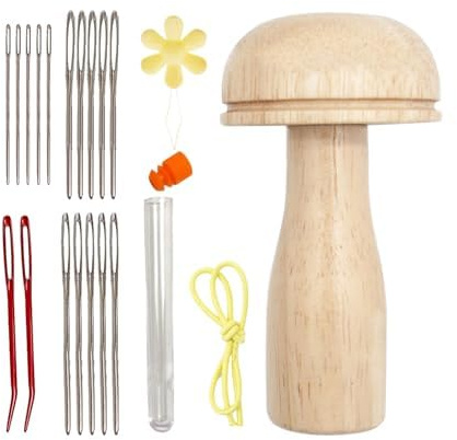 QENETY Darning Mushroom, Wood Darning Mushroom Set with Darning Needle, Sewing Thread, Sewing Darning Needle Darning Mushroom for DIY Hand Sewing Crafts, Socks, Clothes (Needles)