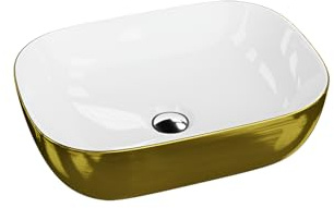LAVITA Lavabo Costa Or Brossé à poser Rectangulaire Lavabo sans trop-plein et trou de robinetterie En porcelaine de haute qualité Meuble de salle de bain Céramique de lavabo 46x32,5x13,5 cm Blanc/Or