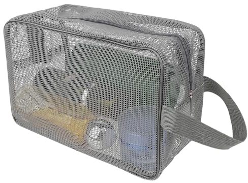 cobee duschväska i nät, bärbar duschkorg i nät, snabbtorkande tygväska med dragkedja, organisatör av hygienartiklar för gym resor camping simning strand, Grå