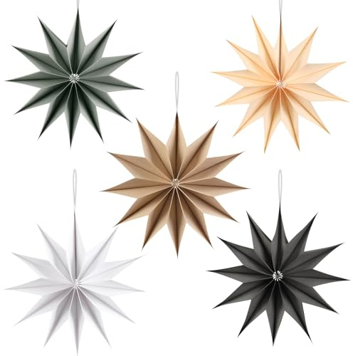 SUNBEAUTY Lot de 5 étoiles en papier - 30 cm - Cinq couleurs - Décoration de Noël - 12 branches - En papier - Pour mariage, anniversaire, décoration de table