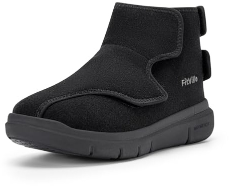 FitVille Diabetic Winter Boots for Men - Fully Adjustable Straps, Wide Toe Box, Warm Fur Lining, Jet Black, 11 UK X-Wide