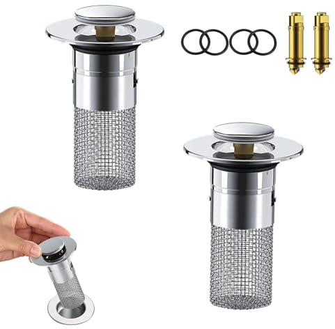 2Pcs Tapón de Lavabo Universal, Tapon Lavabo Pop Up con Filtro 34-40mm, Tapón de Drenaje de Fregadero de Encimera, Tapón Colador con Colador de Pelo para Bañera, Cocina, Fregadero
