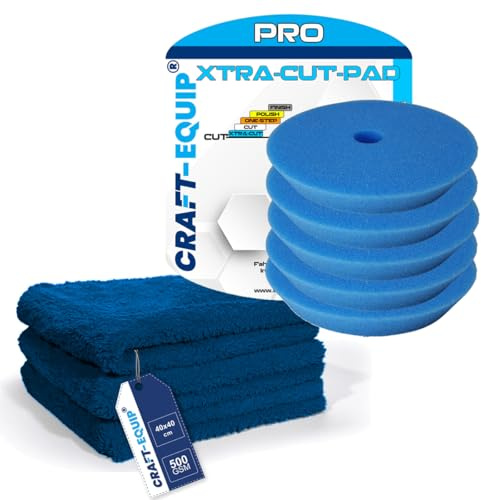 8er Sparpack Craft-Equip PRO Polierschwamm Polierpad mit Klettverschluss Made IN EU (8er Sparpack 125mm DA Polierschwamm Xtra-Cut BLAU + Microfasertücher)