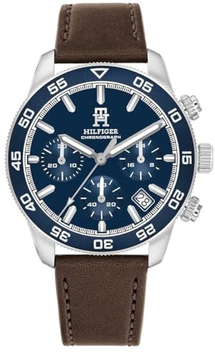 Tommy Hilfiger 1792163 TH85 Chronograph in Blau und Braun für Herren, Quarzuhrwerk, Gehäuse aus Edelstahl, wasserdicht bis 5 ATM, Silber, Riemen