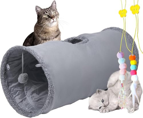mymai Faltbarer katzentunnel mit weichem Wildlederbezug, interaktiver Rascheltunnel für Katzen mit 2 Hängenden Spielzeugen, ideal für Kaninchen kleine Haustiere (Grau, A)
