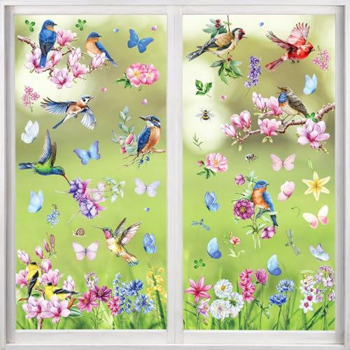 BOOMTOP 9 Sheets Spring Window Stickers, Birds Flowers Butterflies Window Clings Stickers Double Sided Print Decals for Window Glass Living Room Home Party Decoration