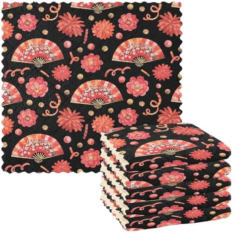 Red Traditional Chinese Pattern microfiber cleaning cloths pack of tea towels terry cloth kitchen dish towels hand towels kitchen decorative weave essentials bright {longword} 11x11in 6 Piecing