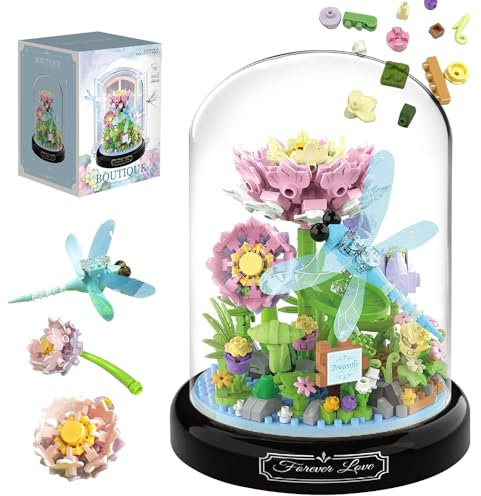 JOAASU Libelle Blumenstrauß Baustein Set, Blumen Bausteine Set, Blumen Insekten Bausteine, DIY-Insektenblumen, 568 Teile, mit Staubdichte Kuppel Und Sockel, Geschenke für Jungen und Mädchen