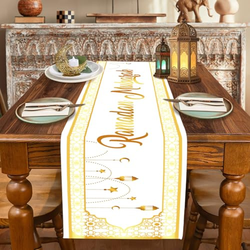 QXRXN - Goldener Tischläufer – Ramadan Eid Mubarak – 180 cm lang – muslimische islamische Tischdekoration (Ramadan)