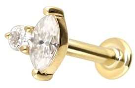 PIERCINGLINE Gold Ohr Piercing Labret mit Gewinde MOISSANIT DESIGN 14K Gelbgold 1,2 x 6 mm