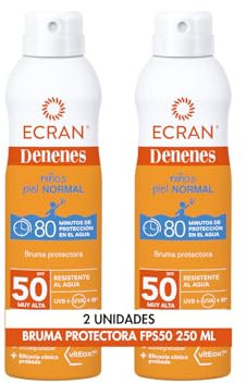 Ecran Denenes - Bruma Protectora FPS 50 para Niños, 80 Minutos de Protección UVB + UVA e IR-A, Con Extracto de Algodón, Pantenol y Vitamina E, Fórmula con VitEox 80, Todo Tipo de Pieles- 2 x 250 ml