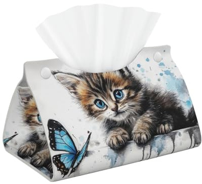 Lange Taschentuchbox-Abdeckung, Katze, Schmetterling, Leder, Taschentuchbox-Halter für Badezimmer, Salons, Büro, Schlafzimmer