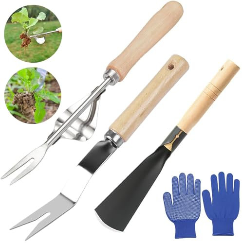 3PCS Garden Weeding Tools,Stainless Steel Manual V-Shaped Weed Remover Tool,Multifunctional Weed Puller with Long Handle to Easy Removal & Deeper Root Digging Picker Tool,for Patio Crack Lawn Grass