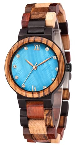 Tiong Damen Holzuhr Analog Quarz mit Braunem Karomuster Holzarmband & Blauem Zifferblatt, Elegante Holz Armbanduhr Damen mit Kariertem Holzband, Leichte Quarzuhr als Geschenk für Frauen