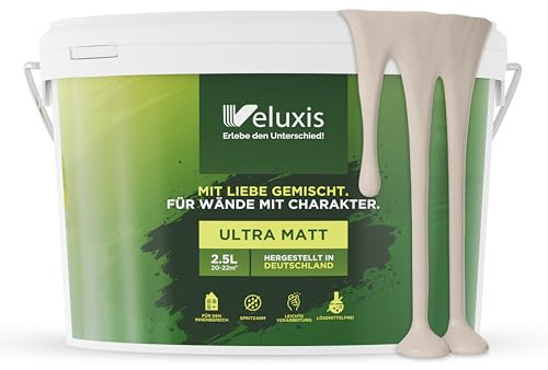 Veluxis® Wandfarbe Creme für den Innenraum - 2,5 Liter & Deckkraft-Klasse 1, Streifenfrei, tropfarm & Öko Farbe, VOC-frei - (Pure Potato)