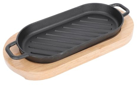 CLISPEED Poêle à Griller Rectangulaire 22x11 Cm En Fonte Plateau En Bois Assiette De Steak Et Poisson Cuit Chauffe Uniforme Usage Domestique Et Professionnel Ensemble