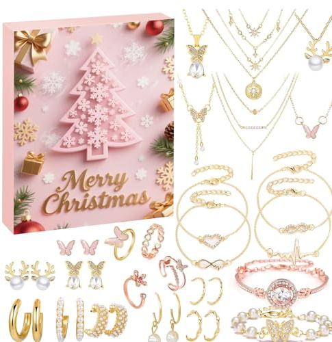 Jewellery Advent Calendar 2025 Kids,Girls Christmas Countdown Calendar 2025, 24 Days DIY Advent Jewelry Pendants Rings Bracelets Necklaces, Birthday Party Surprise Gifts for Girls Women (A)