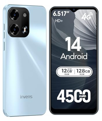 invens NOTE TK02 Mobile Phones SIM Free Unlocked 12GB RAM 128GB ROM Android 14 Smartphone, Octa-Core, 4500mAh battery 16MP, 6.52 inch HD+ Display, 4G Dual SIM, Face ID&GPS, Blue