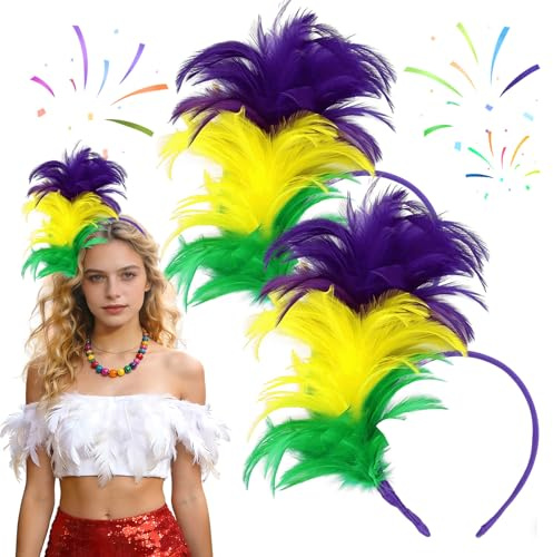KERYBW 2 Stück Bunt Feder Stirnband Fascinator Stirnbänder, Feder Haarschmuck Haarreif, 20er Jahre Headband Accessoires, für Karneval Fasching Cocktail Cosplay Hochzeit Party (Grün Gelb Violett)