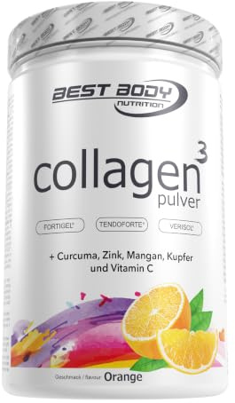 Best Body Nutrition Kollagenpulver 450 g Orange, Kollagenhydrolysat | Mit Fortigel®, Tendoforte® und Verisol®, plus Hyaluronsäure, Zink, Kupfer, Mangan; mit Wasser als Drink für die Routine