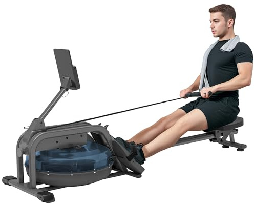 SPORTNOW Rameur à Eau pour Musculation d'appartement, 6 Niveaux de résistance, écran LCD avec Support Tablette, Rangement Vertical à roulettes, Charge Max 135 kg, Acier