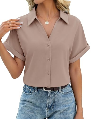HEEKPEK Camicia Donna Estiva Camicetta Manica Corta Elegante Blusa Scollo a V Top Maniche a Pipistrello con Bottoni Maglietta Classico Tinta Unita Moda Casual Lavoro Shirt (Marrone caffè, L)