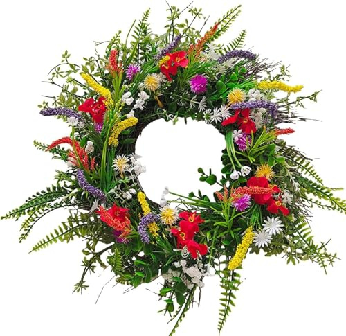 All Seasons Floral Wreath for Front Door - Artificial Wildflower Garland, Spring Summer Door Wreath for Wall, Indoor & Outdoor Decor