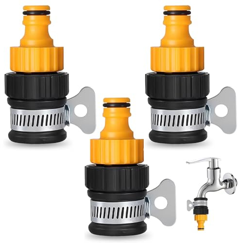 Kitchen Tap Hose Connector, Three Hose Pipe Connectors with Yellow Washers, Universal Tap to Hose Connector for Garden Irrigation and Car Washing, Tool-Free Installation for Indoor and Outdoor Use
