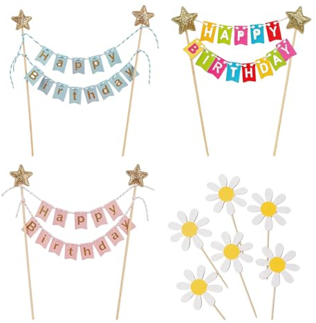 UZYXC Geburtstag Cake Topper & Tortendeko Set – 3 Wimpel Banner & 2 Gänseblümchen Karten Stecker für Geburtstagsfeier, Hochzeit, Baby Shower, Party, Kuchen Deko, Tortenstecker