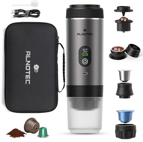 ALNOTEC Machine à Café Portable Électrique 20 Bar Auto-Chauffante – 3 EN 1 Compatible Capsules NES®, DG® et Café Moulu – 2 Adaptateurs Café Moulu 8g/16g – LED – USB-C + Sac