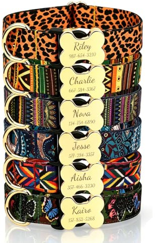 Personalisiertes Hundehalsband mit graviertem Knochenverschluss, verstellbares bunt bedrucktes Haustierhalsband mit Name und Telefonnummer, Halsband mit Leine als Set wählbar