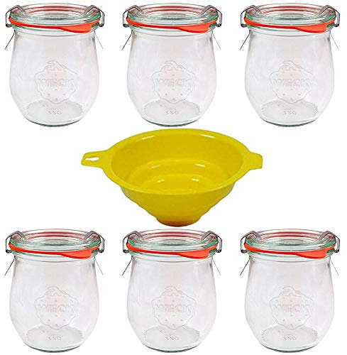 Viva-Haushaltswaren 6 Weckgläser in Tulpenform 220ml inkl. Klammern Ringen und einem Einfülltrichter
