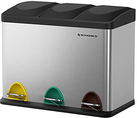 SONGMICS Cestino da Cucina, Pattumiera Tripla per Riciclaggio a Pedale, Metallico da 45 Litri, Raccolta Differenziata, 3 x 15L, con Coperchio, Acciaio, Argento Metallico e Nero Inchiostro LTB45L