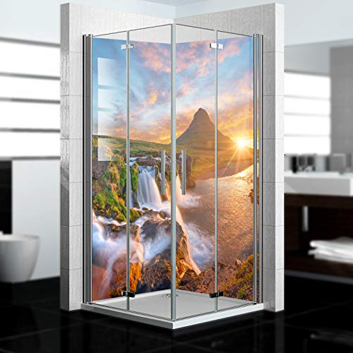 dedeco Eck-Duschrückwand wasserfest mit Wasserfall V10 Motiv - 2 x 90x200 cm - Badrückwand Fliesenersatz, für viele Bäder als Dekorwand, Wandverkleidung, Duschplatte aus hochwertigem Aluminium