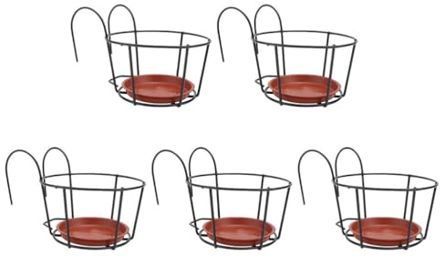 DOITOOL Round Hanging Railing Planters 5 PCS Hanging Flower Pots Balcony Planters, Flower Pot Holders Metal Pot Plant Basket over Fence for Fence Balcony Porch Garden - 16cm