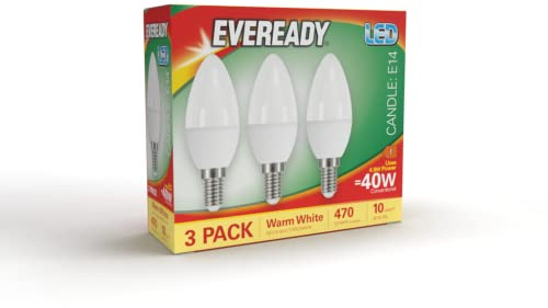 Eveready E14 LED Light Bulb, Warm White 3000K, 40W Equivalent, 470 Lumen LED Candle Bulb, SES Small Edison Screw Light Bulbs, Non-Dimmable, Pack of 3