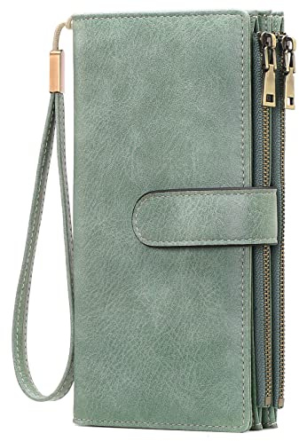 GOIACII Damen Leder Geldbörse mit Handgelenkband, Große Kapazität Portemonnaie mit 2 Reißverschlussfach, RFID-Schutz Brieftasche für Damen Mintgrün