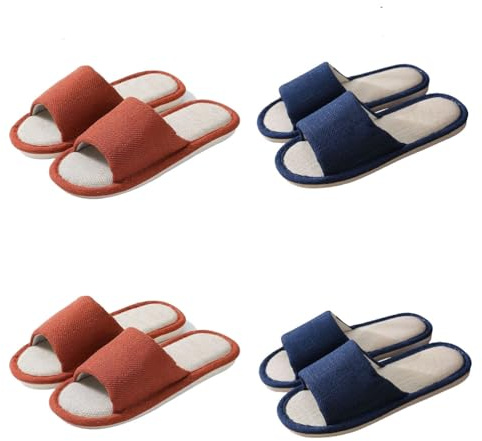 Teceyfeet Lot de 4 paires de pantoufles d'hôtel en lin - Lavables - Antidérapantes - En coton - Confortables - Pour homme et femme