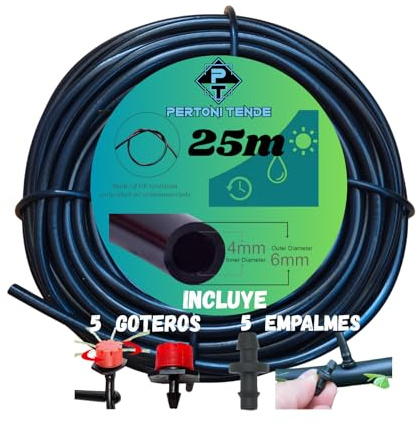 Microtubo de Riego 4mm para Goteo, Tubería para Riego, Fabricada en PVC Flexible y Resistente con 6mm de Diametro Exterior, Disponible en Rollo de 10, 25 y 50 metros, Color Negro (25 metros)