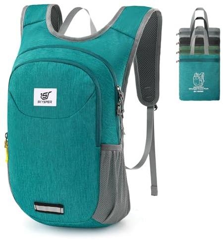 SKYSPER Petit Sac a dos 10L, Sac à dos Pliable de Voyage Ultraléger avec Bandes Réfléchissantes à l'avant et à l'arrière Sac a Dos Rando pour Randonnée Voyage Sport