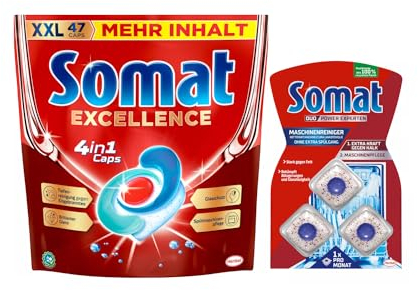 SOMAT 4in1 Caps 3x47 (141) AW Excellence, schnellauflösende Spülmaschinentabs, Somat Caps für exzellente Reinigung + Somat Duo Power Experten 3 AW Maschinenreiniger 57g