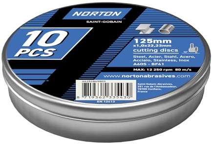 NORTON Lot de 10 disques à tronçonner flexibles pour acier inoxydable - Diamètre : 125 mm x 1,0 mm - Dans une boîte métallique