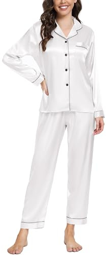 Lovasy Pyjamas for Women Silk Satin Pjs for Women Sets Long Sleeve Button Down Ladies Pajamas Classic Women's Pyjama Sets Two Piece Bride Pjs,White,M