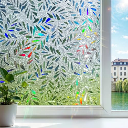 Qualsen Vinilos para Cristales Patrón de Hojas Vinilo Ventana Privacidad Decorativos Efecto Arcoiris Translucido Electrostaticos Anti UV Vinilo Adhesivo Cristal para Hogar Oficina, 30x120cm