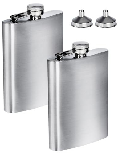 2 Stück Edelstahl Flachmann, Stilvoll und Tragbares Flaschen-Set, mit Trichter, 8oz.227 ml Geeignet Zum Tragen von Alkohol, Flachmann klein, Auslaufsicher, für Wandern und Party (Silber)