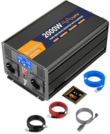 Starkbaer UPS 2000W Converter 12V 220V Pur Sinus Wechselrichter Transformator Mit 30A-Ladegerät, 2 EU Steckdosen, 5M Fernbedienung und LCD Bildschirm für Hausnotruf, Reisen im Freien (2000W12V)