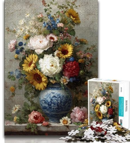 Puzzle 1000 pièces pour Adolescents Fleurs dans Un Vase, Jeu Stimulant et Jeu Familial avec des pièces entièrement emboîtables de Formes aléatoires 50x75cm