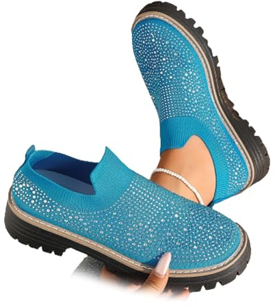 Scarpe da ginnastica da donna con strass, alla moda, traspiranti, con zeppa, scintillanti, scarpe da ginnastica con strass, scarpe sportive casual, Blu, 44 EU